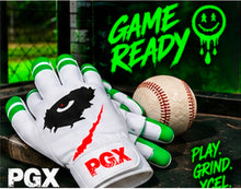 PGX Eye of the Tiger baseball batting gloves beside a baseball with Game Ready text