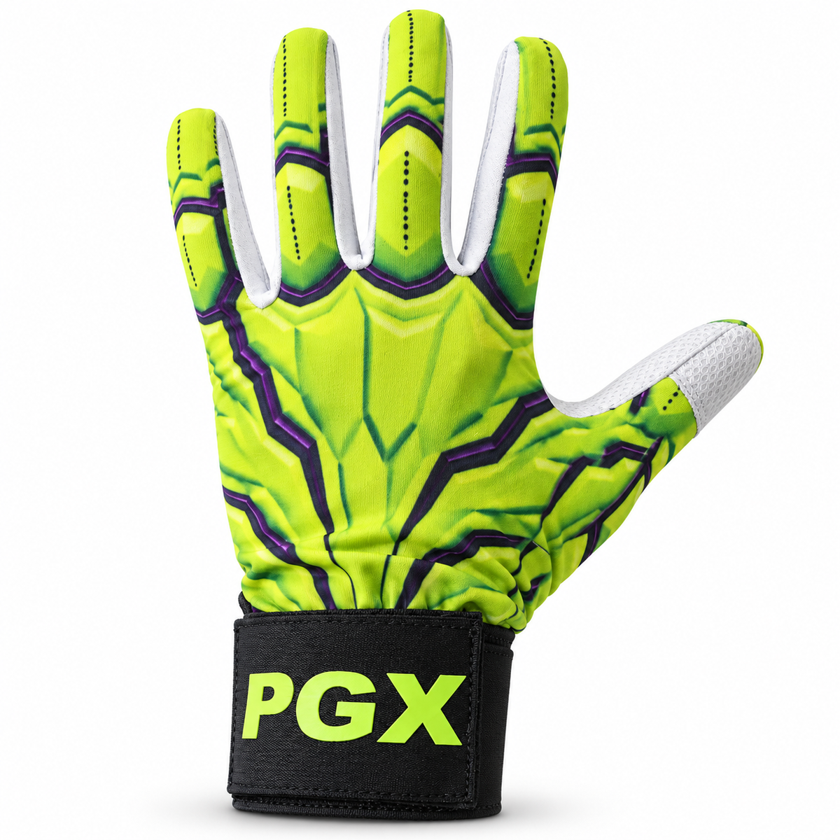 PGX Gamma Crush batting glove back view with lime green and purple design and black wrist cuff