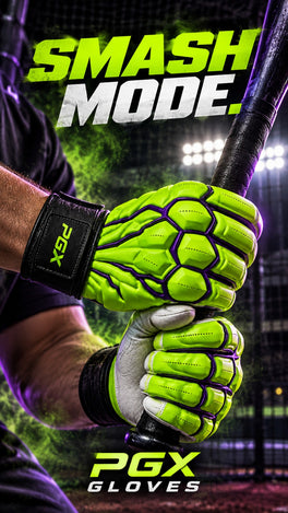PGX Player gripping a bat in PGX Gamma Crush neon green long cuff batting gloves with Smash Mode text