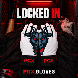 Pair of PGX GOAT long cuff batting gloves displayed in a red-lit equipment locker with Locked In text