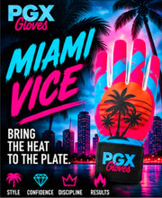 PGX Miami Vice long cuff baseball batting glove with palm-tree artwork and Bring the Heat to the Plate text