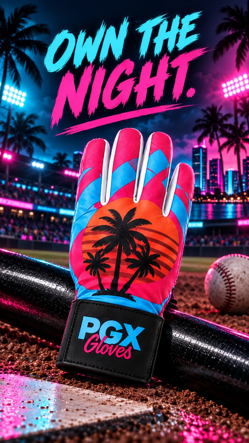 PGX Miami Vice long cuff batting glove at a neon night stadium with Own the Night text