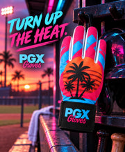 PGX Miami Vice long cuff baseball batting glove hanging in a neon-lit dugout with Turn Up the Heat text