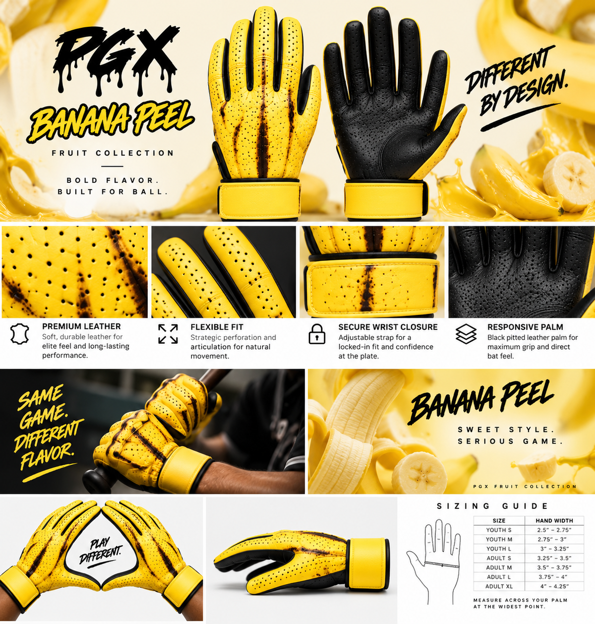 PGX Banana Peel batting glove lifestyle and product detail content