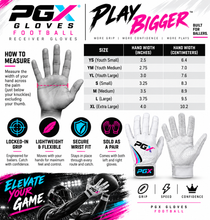 PGX Football receiver gloves sizing guide with hand width measurements and youth to adult sizing