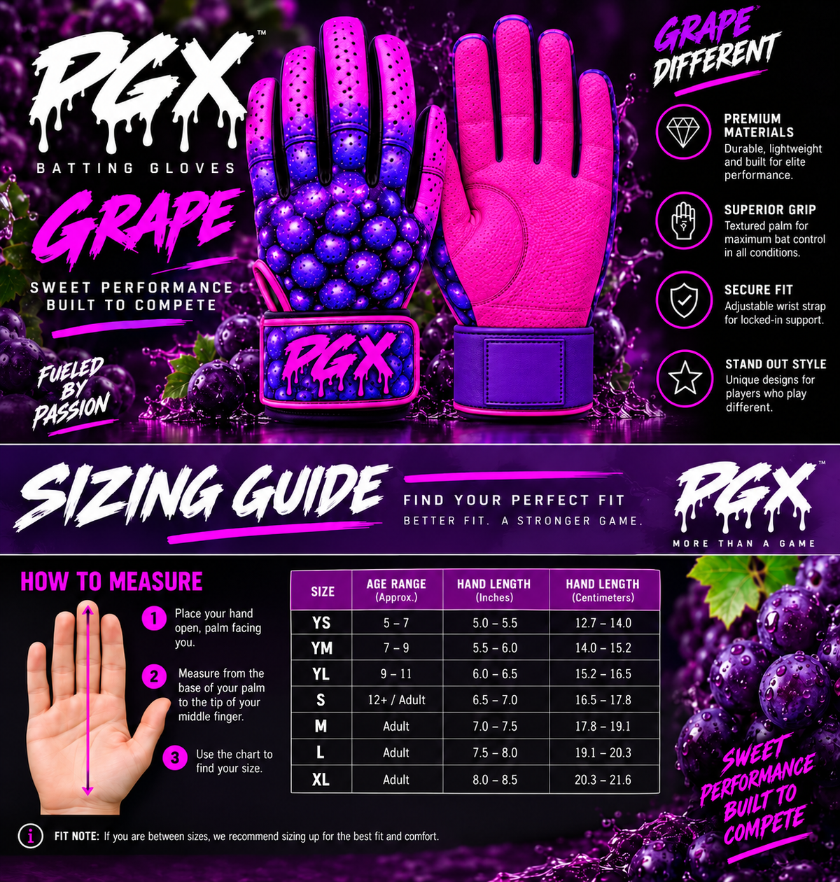 PGX Grape sizing guide with pink pitted leather palm and plain purple strap