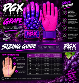 PGX Grape sizing guide with pink pitted leather palm and plain purple strap