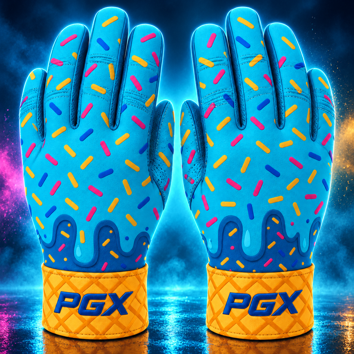 PGX Ice Cream Drip long cuff batting gloves on a blue studio background