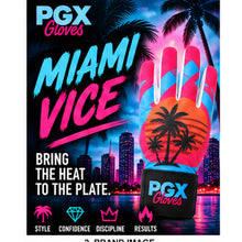 PGX Miami Vice batting gloves neon cyan and pink brand graphic