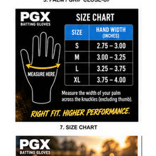 PGX Power Stones batting gloves size chart and hand measurement guide