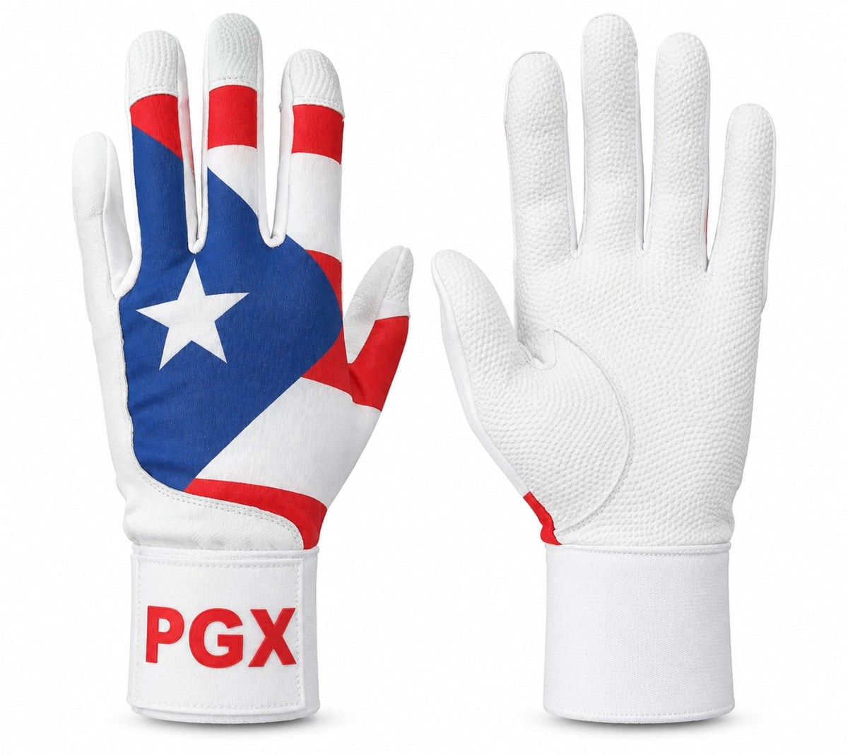 PGX Puerto Rico long cuff batting glove back design and white textured palm