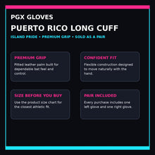 PGX Puerto Rico Long Cuff batting gloves purchase confidence guide with grip, fit, sizing and pair included