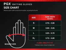PGX Skull and Bones batting glove size chart with palm measurement guide