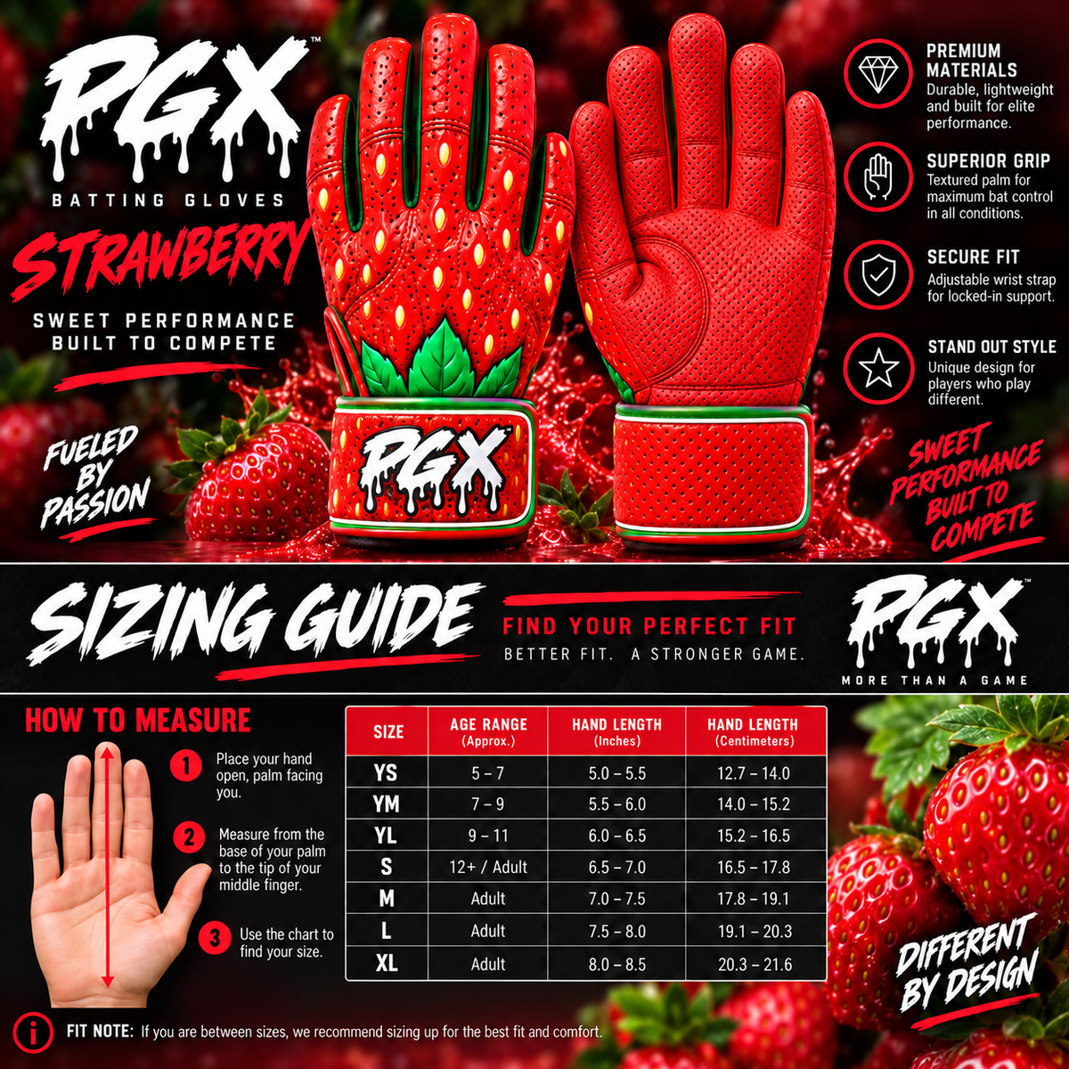 PGX Strawberry sizing guide with red pitted leather palm