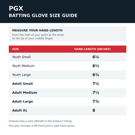 PGX universal batting glove size guide: measure hand length from the heel of the palm to the middle fingertip; youth and adult sizes