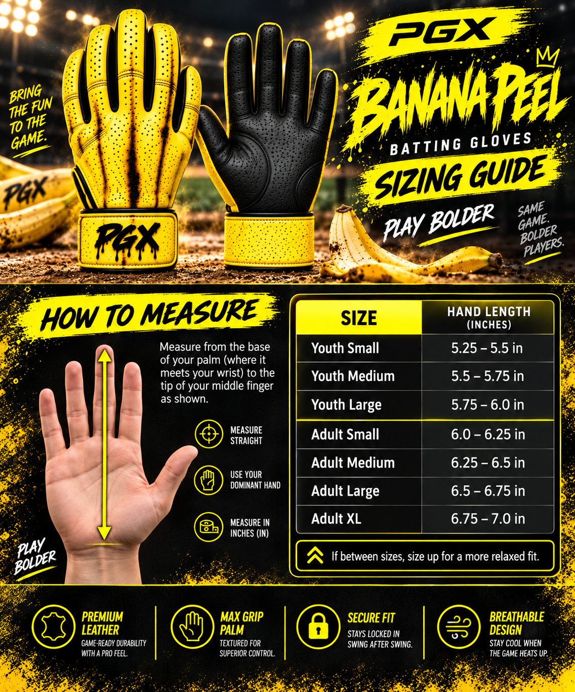 PGX Banana Peel long cuff batting gloves