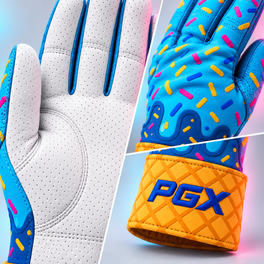 PGX Ice Cream Drip batting glove palm, flexible backhand and waffle-cone long cuff material details