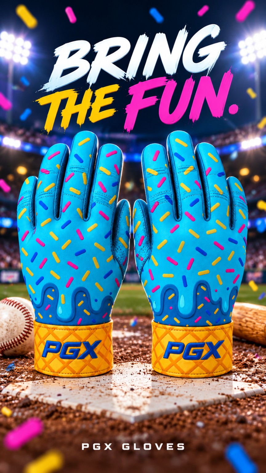 PGX Pair of PGX Ice Cream Drip blue sprinkle long cuff batting gloves on home plate with Bring the Fun text